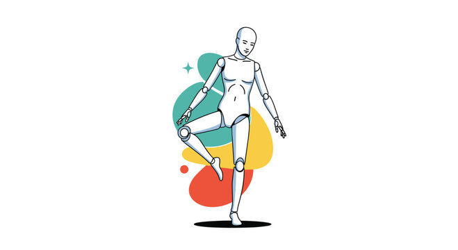 Futuristic humanoid robot or mannequin performing a balancing pose against an abstract background representing technology and movement.