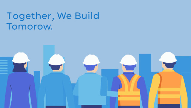 Construction workers in hard hats a vector illustration with a light blue background architect architecture