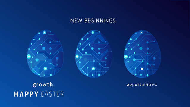 Technology themed easter eggs with circuit board patterns on a dark blue background abstract circuitry