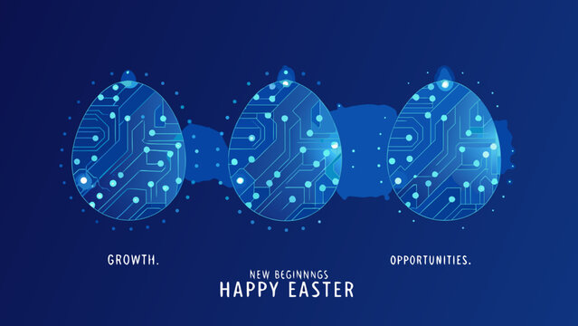 Technology themed easter eggs with circuit board pattern against a dark blue background abstract azure