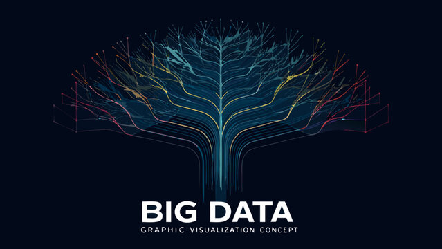 Tree shaped network of flowing lines a vector illustration of data visualization on a dark background