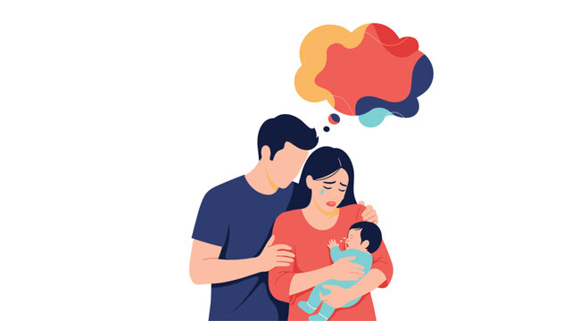 Young parents comforting their crying baby while experiencing complex emotions shown through colorful abstract thought bubbles.