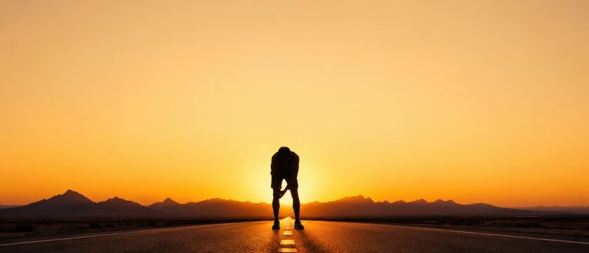 Silhouette of a tired person bending over on a road at sunset, symbolizing exhaustion and perseverance.