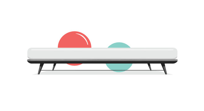 Modern minimalist bed frame design with a comfortable white mattress shown from the side with abstract colorful background shapes.