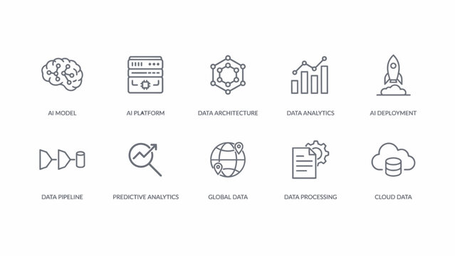 Set of ten minimalistic data science and analytics icons in clean style . Vector Flat Illustration.