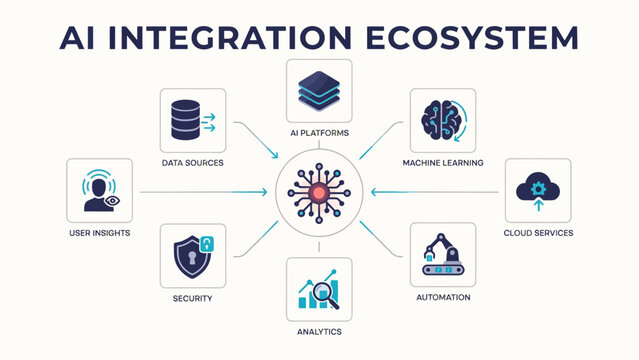 Ai integration ecosystem diagram with data sources, machine learning, cloud services, automation, analytics, security, and user insights . Vector Flat Illustration.