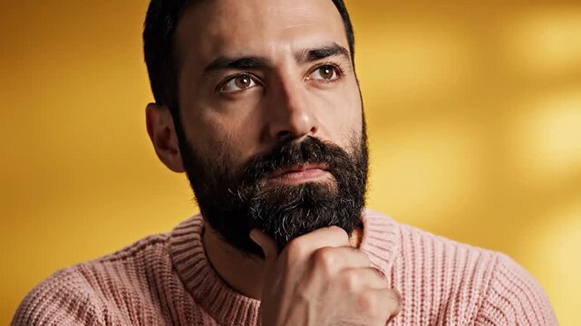 A thoughtful bearded man looks up against a yellow wall