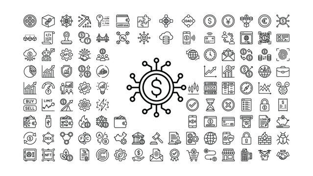 Comprehensive collection of modern blockchain cryptocurrency and digital finance business technology line icons for web design