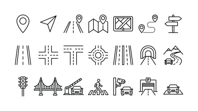 Modern minimalist navigation and road map line icons set for GPS travel and transport application design interface