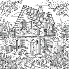 Fototapeta premium premium pet house design for dogs and cats modern animal shelter cartoon clipart and line art print illustration vector colouring book for children drawn hand drawn. 