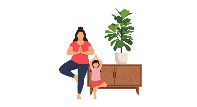 Mother and child doing tree pose yoga indoors together.