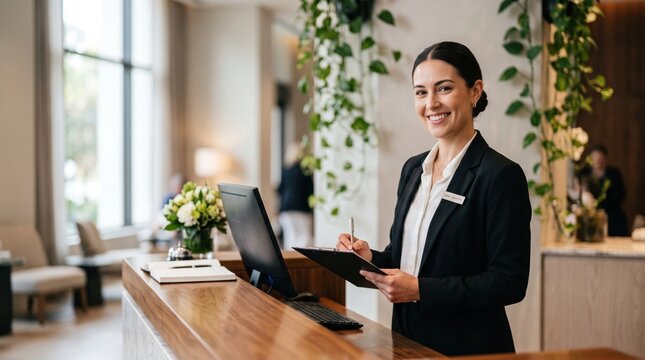 Smiling Female Hotel Receptionist Working at the Front Desk.