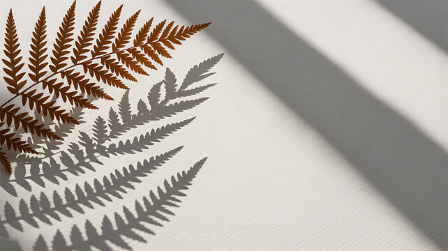 Brown fern leaf casting shadow on white surface white background
