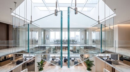 Fototapeta premium Modern office interior with glass partitions and open space