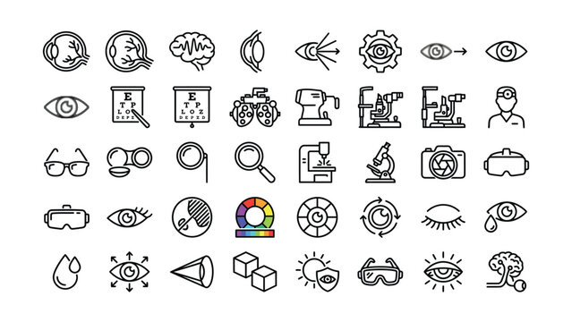 Comprehensive collection of ophthalmology and vision related line icons representing medical tools health concepts and eye care procedures for digital design