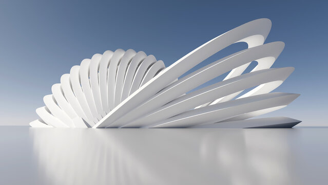 Futuristic white minimalist parametric architectural structure 3D render with abstract curved lines under a blue sky
