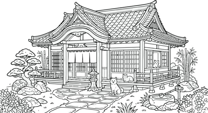 Safe and Comfortable Shelter for Domestic Pets Mediterranean pet villa  architecture Educational cartoon clipart and line art print illustration vector  colouring book for children drawn hand drawn.