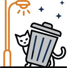 Curious Cat Peeking from Behind Trash Can Under Streetlight ©  Estelle P Alexandre