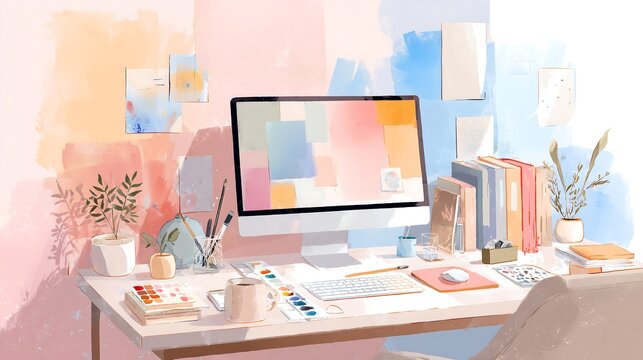 Minimal watercolor illustration of a creative workspace with computer and stationery, isolated on white background, soft pastel office design for business, branding, and print.