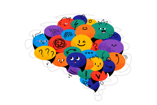 Brain concept made of cute cartoon speech bubble characters with diverse emotions and thoughts. Colorful vector illustration with noise texture, isolated on white background