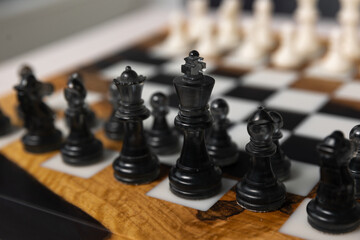 There are black pieces on the chessboard: pawns, a knight, a bishop, and a rook. Selective focus on the black pieces. © Natalya Likhina