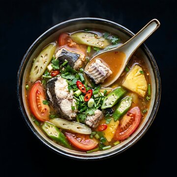 bowl of Canh Chua Ca Loc sour tamarind soup with snakehead fish, pineapple chunks, tomatoes, okra, and elephant ear stalks,