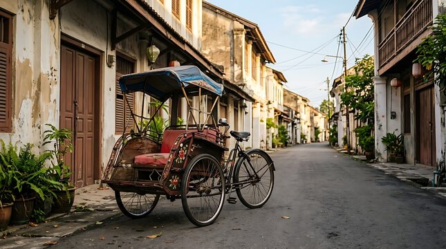 Traditional rickshaw parked on a quiet Asian street with old buildings.