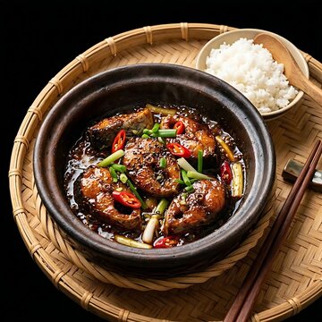 clay pot of Ca Kho To caramelized catfish glistening in a rich savory-sweet dark sauce with red chilis and scallions,