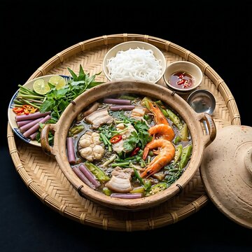 Lau Mam fermented fish hotpot filled with snakehead fish, shrimp, pork belly, and purple water lily stems,