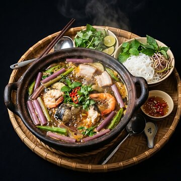 Lau Mam fermented fish hotpot filled with snakehead fish, shrimp, pork belly, and purple water lily stems,