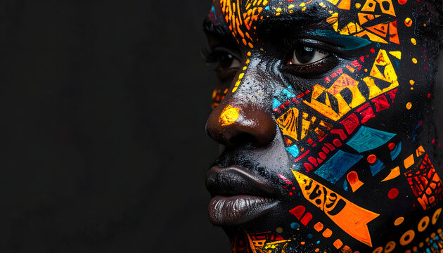 Abstract portrait man features composed sharp geometric shapes vibrant African patterns high contrast colors modern art gallery style contemporary artistic creative innovative bold, generative AI