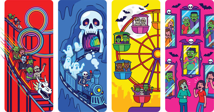 Halloween Monster Amusement Park Panel Set with Vampire Roller Coaster Skeleton Ghost Train Mummy Ferris Wheel Zombie Mirror House Vector Illustration
