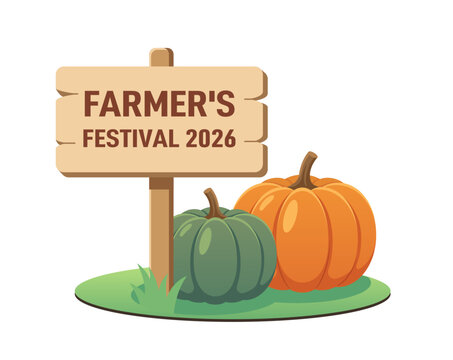 Wooden sign with text Farmers Festival 2026 next to orange and green pumpkins on grass. Flat vector illustration of autumn harvest market concept isolated on white background.