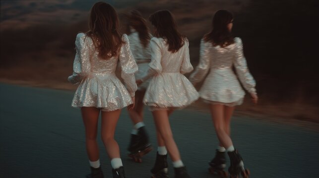Four women roller skate at dusk in glittery silver dresses, creating a vibrant and dynamic outdoor scene.