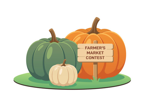 Three colorful pumpkins on green grass with a wooden farmer market contest sign. Flat vector illustration of autumn harvest festival concept isolated on white.