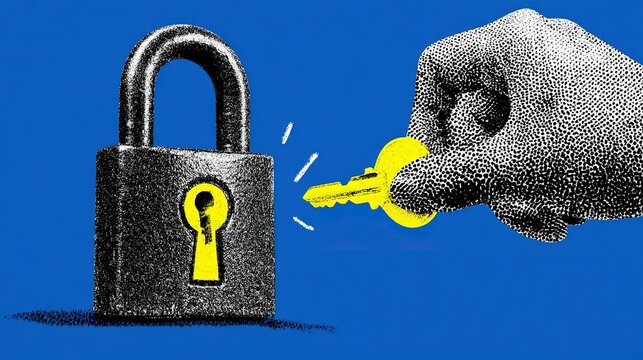 Stylized graphic with black padlock and vivid yellow keyhole on solid blue background, halftone textured human hand holding bright yellow key approaching lock