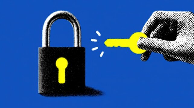 Stylized graphic with black padlock and vivid yellow keyhole on solid blue background, halftone textured human hand holding bright yellow key approaching lock