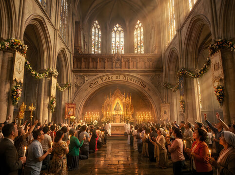 Worshippers inside Cathedral during Christmas, people praying
