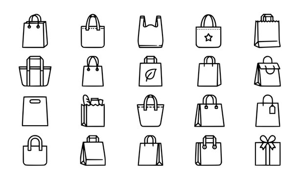 Shopping bag icon set, retail paper and eco-friendly tote bag vector elements