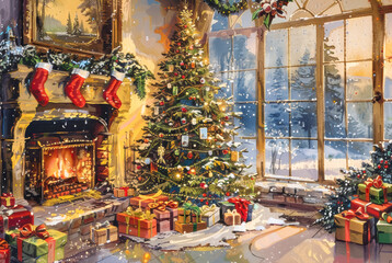 Fototapeta premium Festive Christmas tree and gift boxes with magical holiday atmosphere.