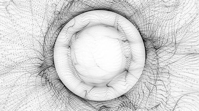 Seamless loop of futuristic sphere energy with black particles and waves moving fast on a white background, abstract atomic core or science fiction concept 