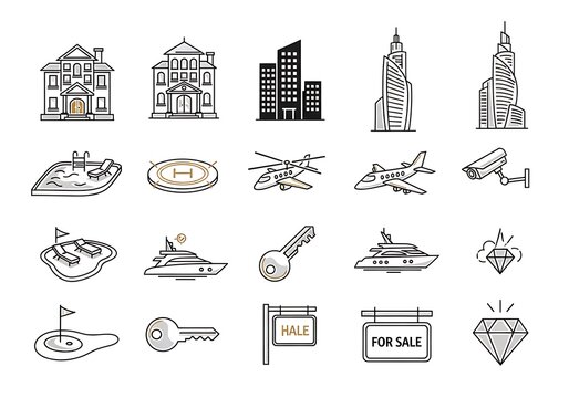 Set of luxury real estate and lifestyle icons featuring houses buildings yachts and diamonds