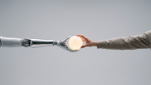 Minimalist studio shot of human arm and sleek robot arm reaching across empty grey space to hold central glowing orb, future technology and connection concept