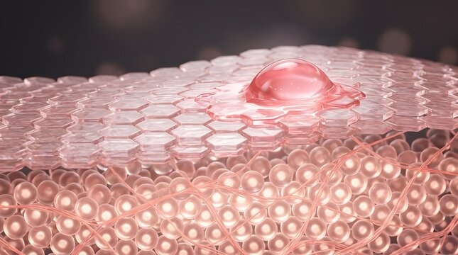 3d render of skin layers with a drop of serum or essence on the surface concept of skincare, dermatology, hydration, and cosmetic treatment