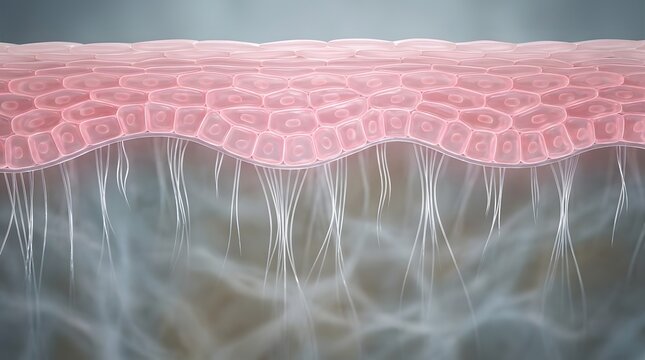 Microscopic view of human skin layers, epidermis and dermis structure with collagen fibers and cellular tissue, 3d render illustration