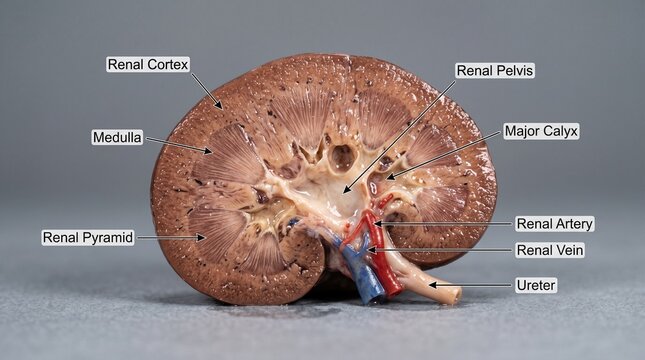 Anatomical Cross-Section of a Kidney with Detailed Labels Showing Internal Structures Like Cortex, Medulla, and Renal Artery
