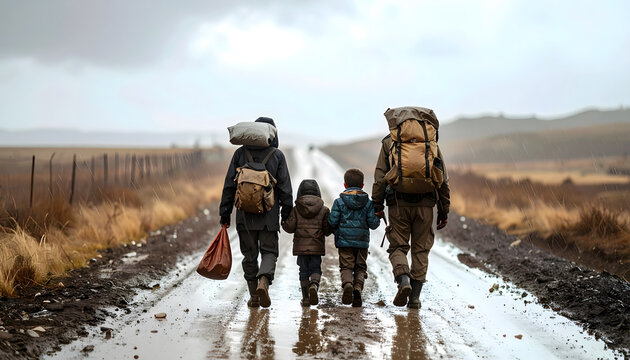 Refugee family walking along a muddy border road during heavy rain carrying bags creating an exhausted desperate sad dramatic humanitarian photograph generative AI