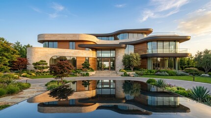 Fototapeta premium Opulent Modern Mansion with Curved Architecture and Reflecting Pool at Sunset house home