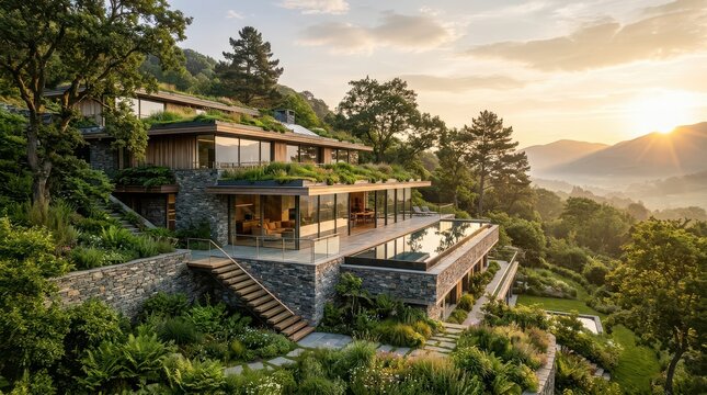 Modern luxury house with infinity pool nestled in lush green hillside at sunset modern house luxury home