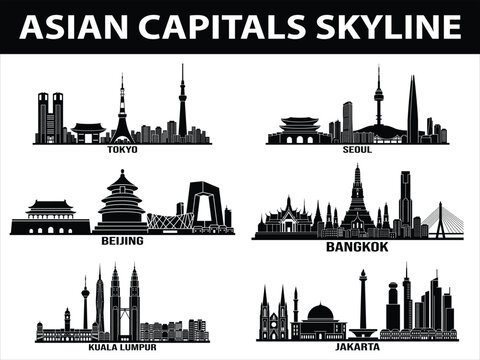 Asian capitals skyline set with Tokyo Seoul Beijing Bangkok Kuala Lumpur Jakarta